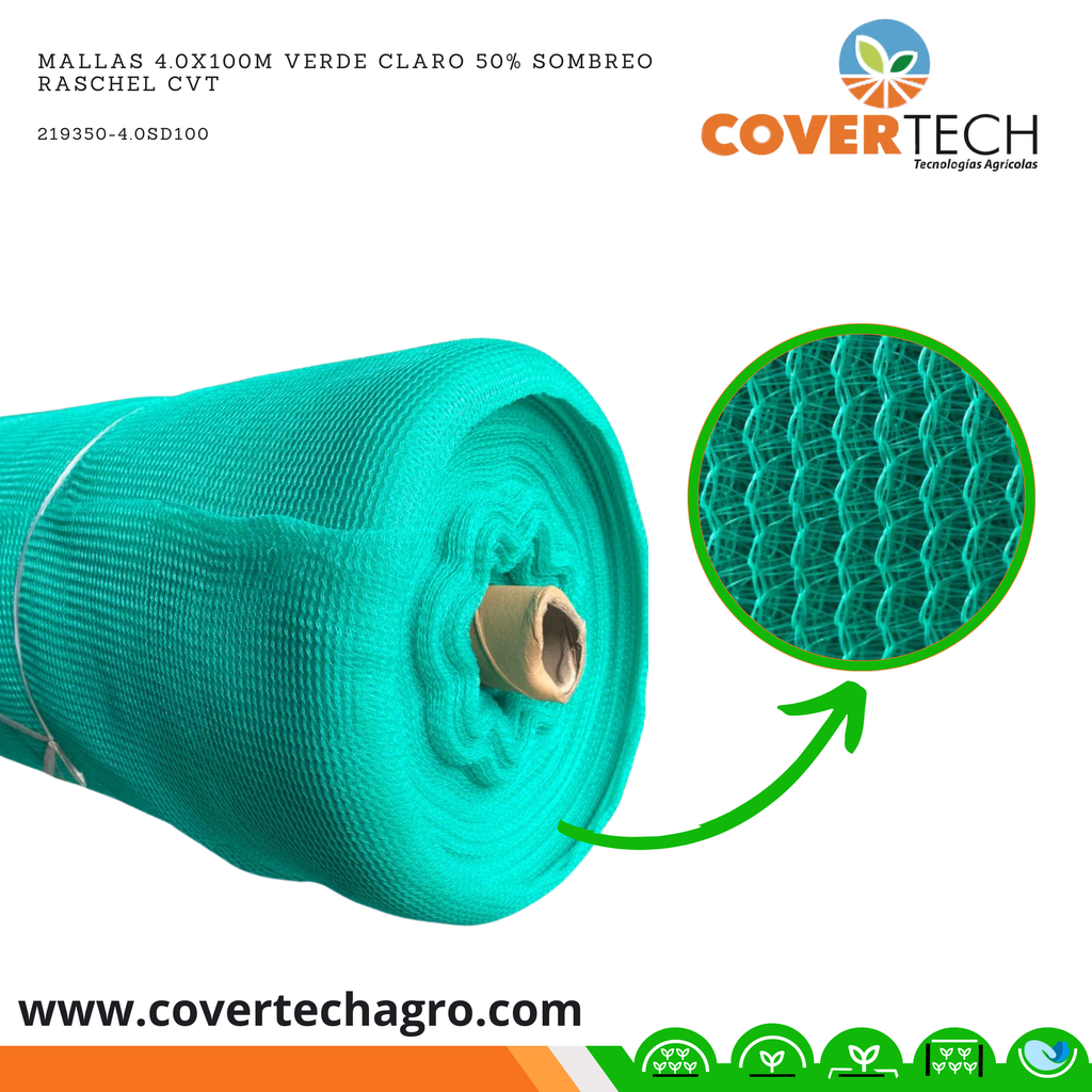 Mallas 4.0x100m Verde Claro 50% Sombreo Mono-Anudada CVT