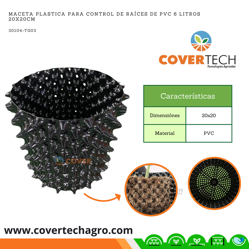 Maceta plastica para control de raices de PVC 6 Litros 20x20cm