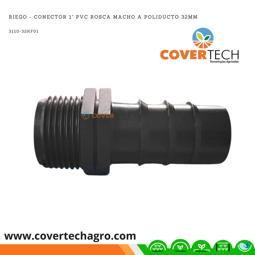 Riego - Conector PVC 1" rosca macho a poliducto 32mm (1")