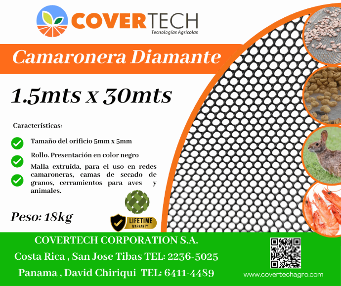 Malla Camaronera/Cafetera 5x5mm - 1.5x30mts Diamante Negra