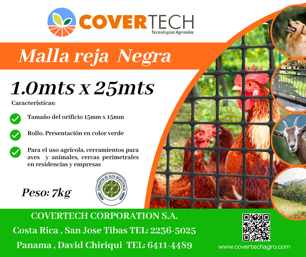 Malla Reja para cerramiento - 1.0x25mts 15x15mm extruída Negra