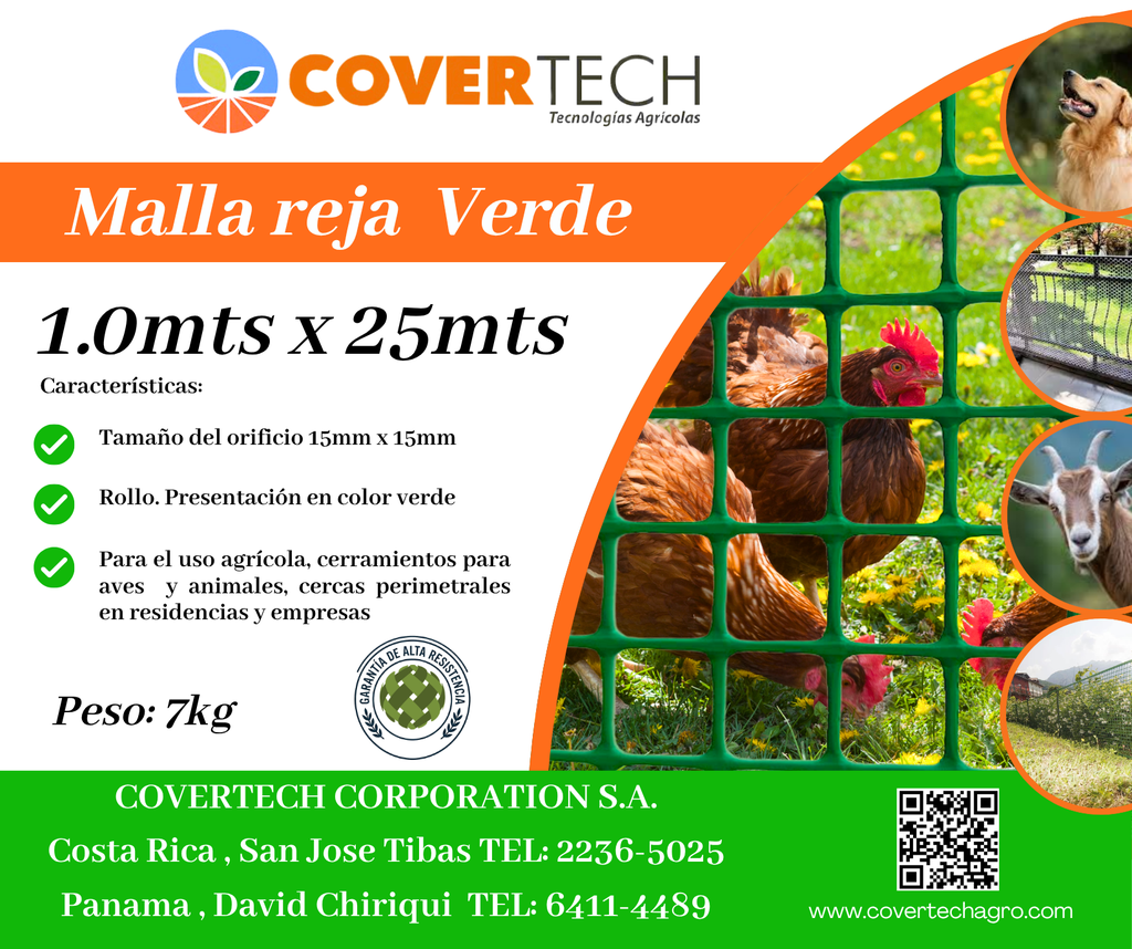 Malla Reja para cerramiento - 1.0x25mts 15x15mm extruída Verde