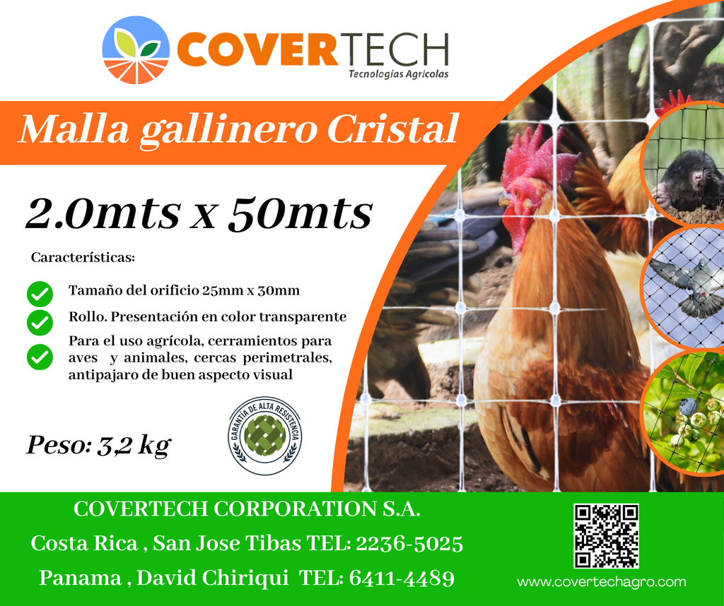 Malla Gallinero para cerramiento - 2.0x50mts 25x30mm extruída Cristal