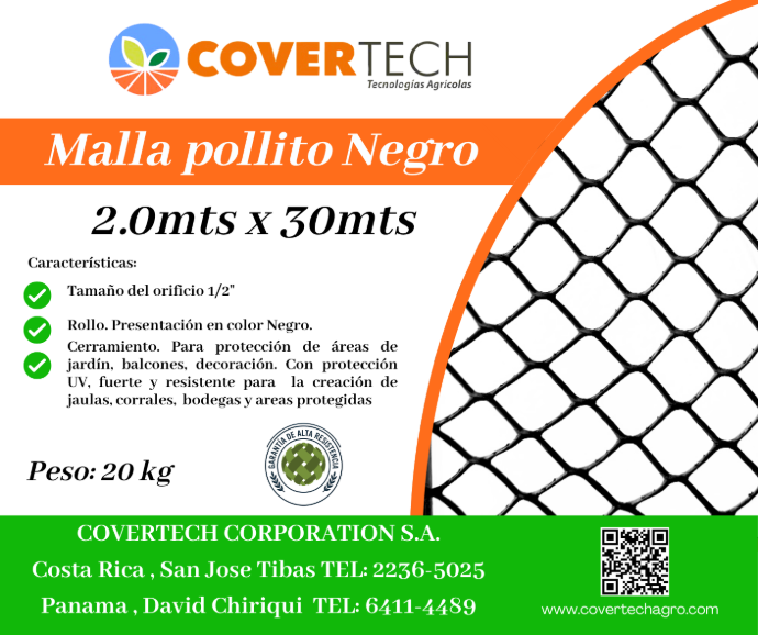 Malla Pollito para cerramiento - 2.0x30mts 1/2¨ extruída Negra