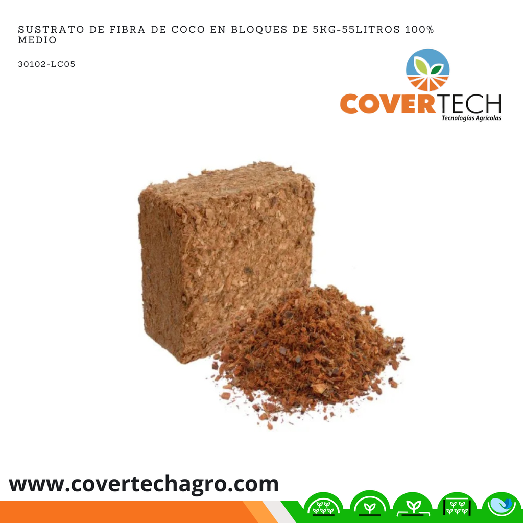 Sustrato de Fibra de Coco en Bloques de 5kg-55Litros 100% Medio