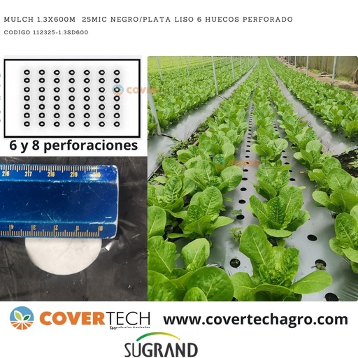 [112325-1.3SD600]  Acolchado Mulch 25MIC 1.30x600m Negro/Plata Liso pre-cortado 6 huecos - 2cm