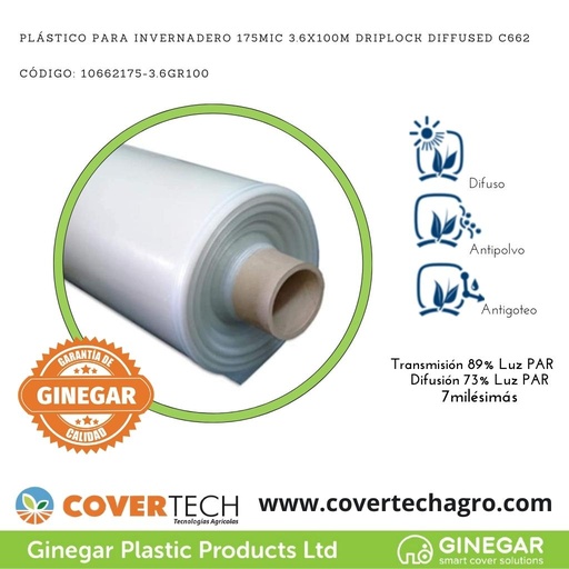 [10662175-3.6GR100]  Plastico p. invernadero 175Mic (7milesimas) 3.6x100m Antigoteo Difuso C662