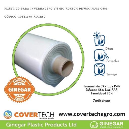 [10881175-7.0GR50]  Plastico p. invernadero 175Mic (7milesimas) 7.0x50m Difuso Plus C881