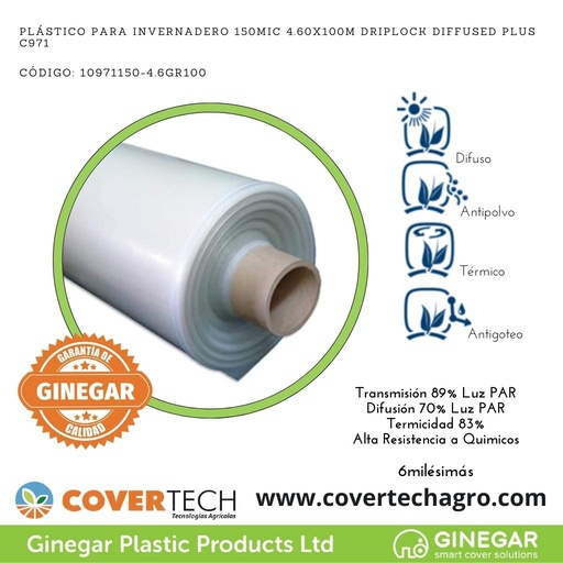 [10971150-4.6GR100] Plastico p. invernadero 150Mic (6milesimas) 4.6x100m Antigoteo Difuso Plus C971