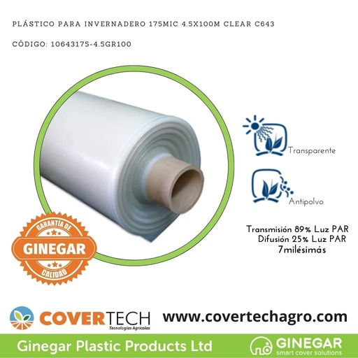 [10643175-4.5GR100]  Plastico p. invernadero 175Mic (7milesimas) 4.5x100m Transparente C643