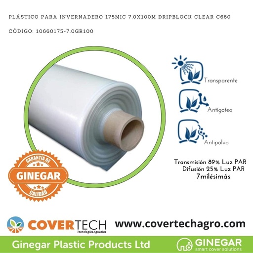 [10660175-7.0GR100]  Plastico p. invernadero 175Mic (7milesimas) 7.0x100m Antigoteo Transparente C660
