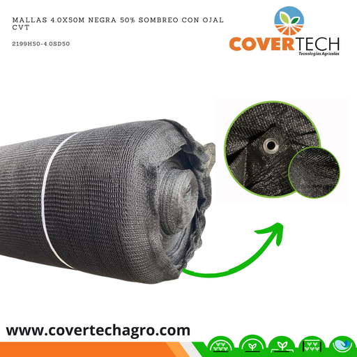 [2199H50-4.0SD50] Mallas 4.0x50m Negra 50% Sombreo Mono-anudada con Ojal CVT