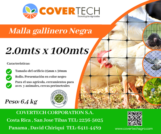 [23121-2.0TV100] Malla Gallinero para cerramiento - 2.0x100mts 25x30mm extruída Negra