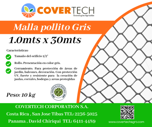 [23126-1.0TV30] Malla Pollito para cerramiento - 1.0x30mts 1/2¨ extruída Gris