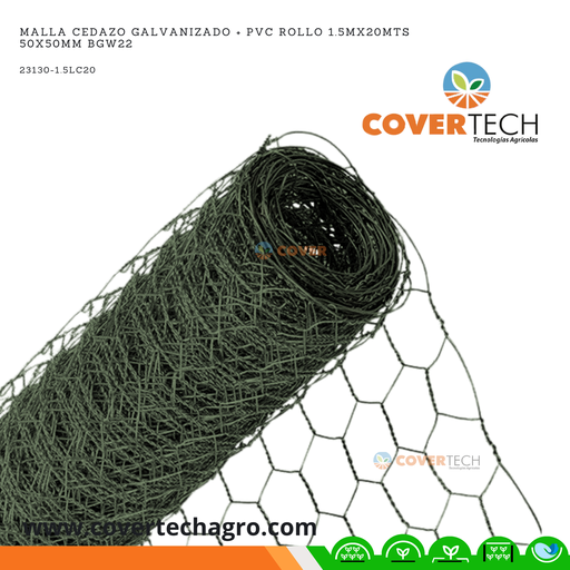 [23130-1.5LC20] Malla cedazo galvanizado + PVC rollo 1.5mx20mts  50x50mm BGW22
